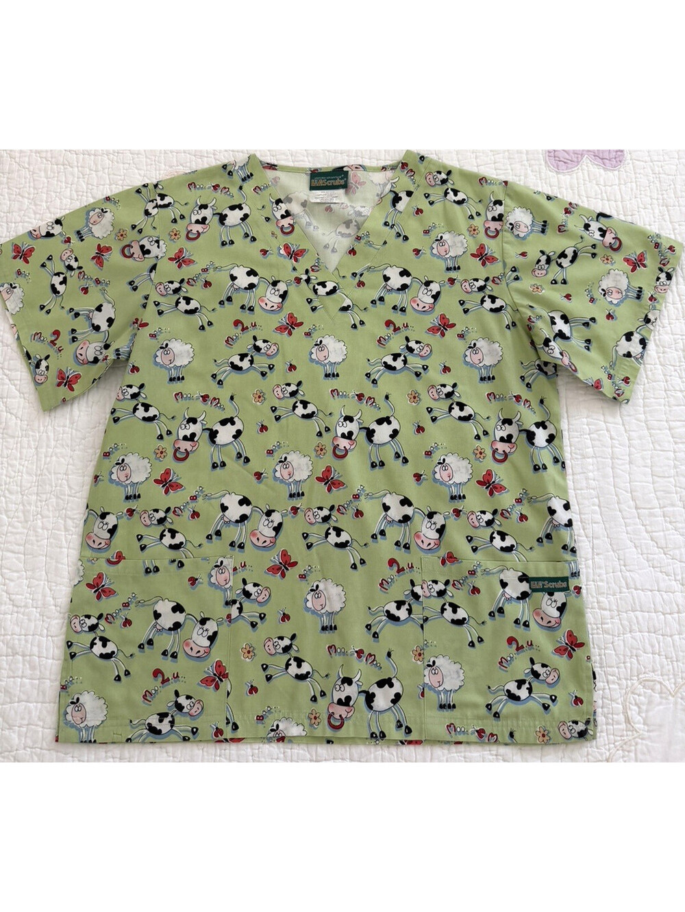 UA Scrubs Womens Scrub Top Green Cow Print V-Neck Short Sleeve Cotton Small